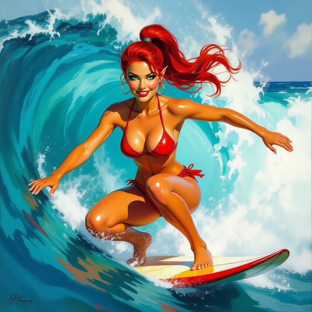 Elf Surfer Rides Crashing Wave: Oil Painting