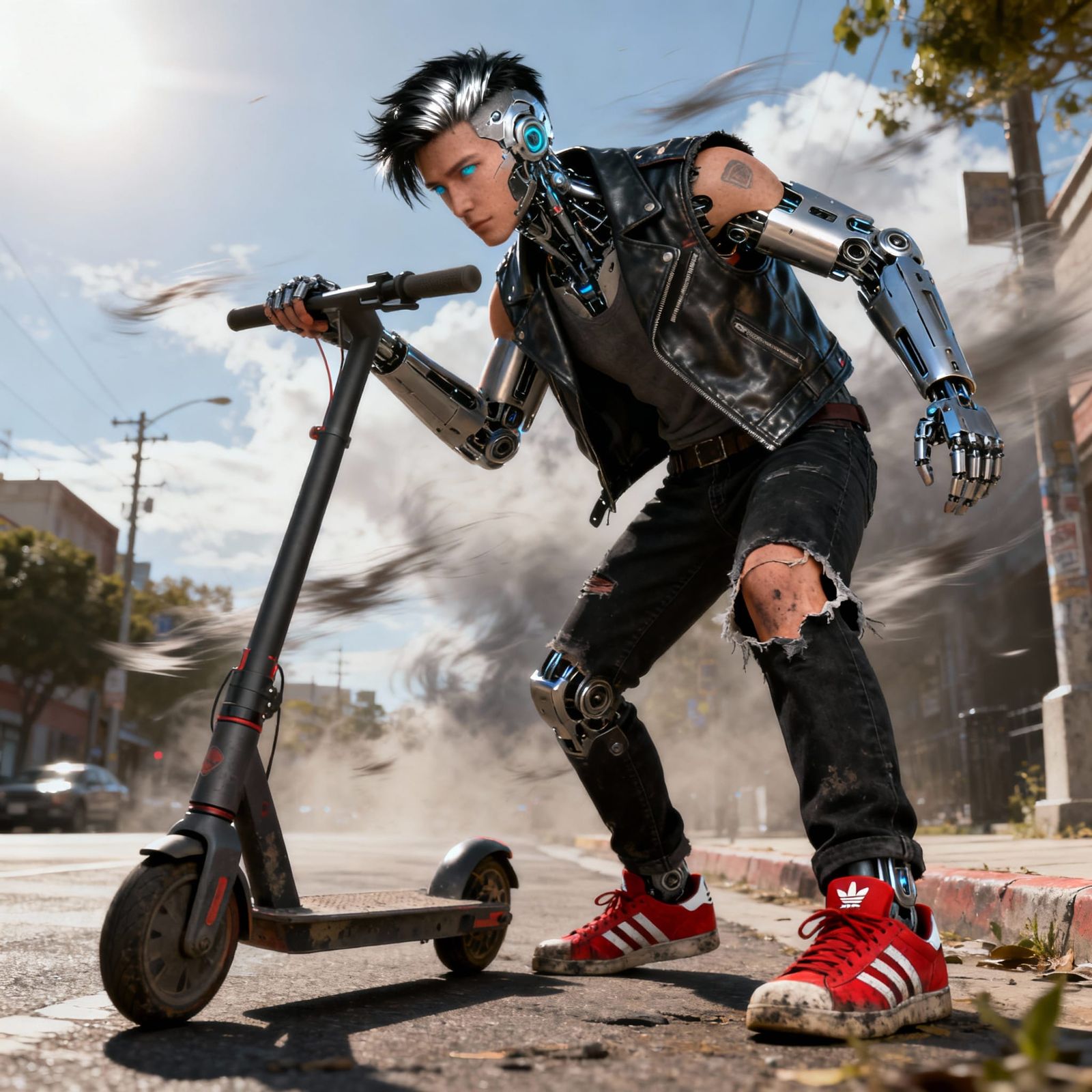 Cyborg with Faded Blue Eyes Picking Up Scooter