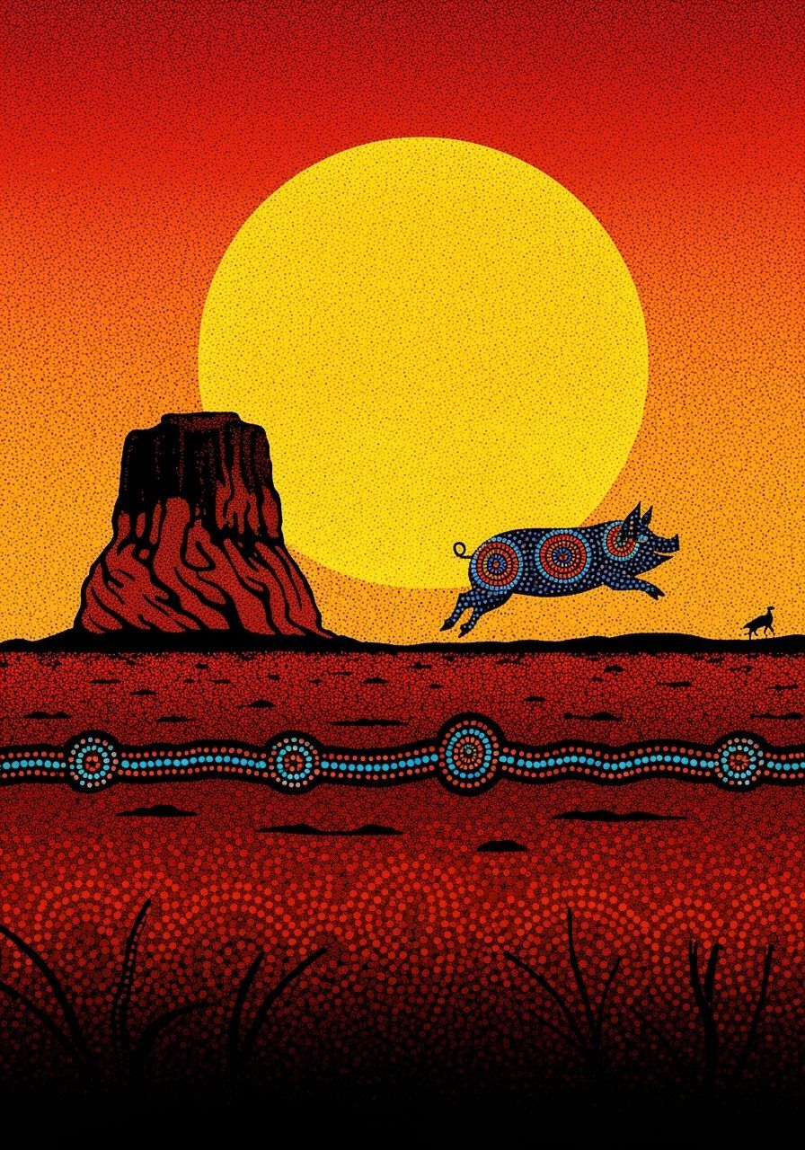 Aboriginal Art Pig Hopping Under Gigantic Sun