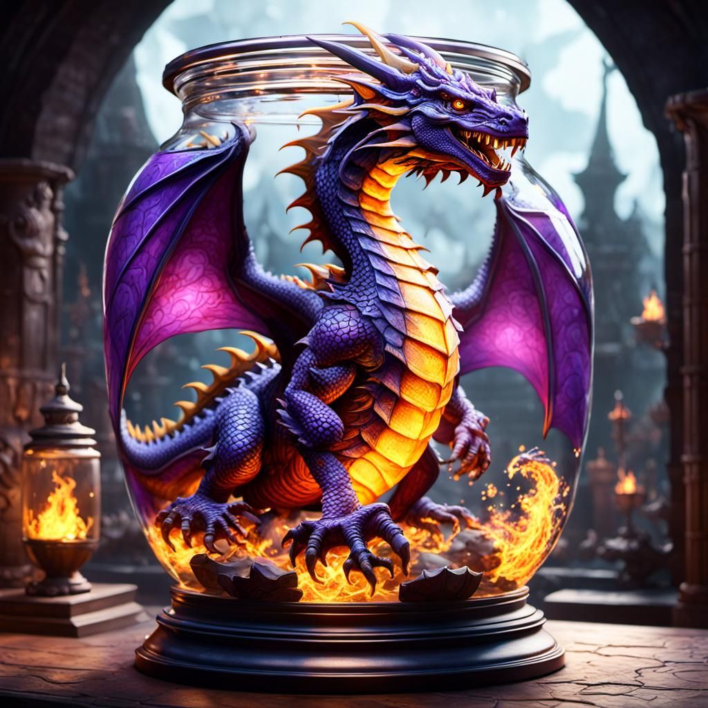 small fire breathing dragon inside a large jar
