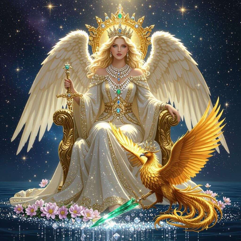 Radiant Angel Enthroned on Stars with Phoenix