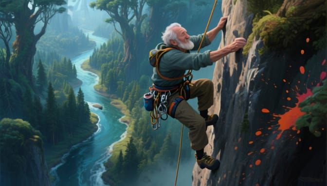 Elderly Climber on Sheer Cliff in Fantasy Forest