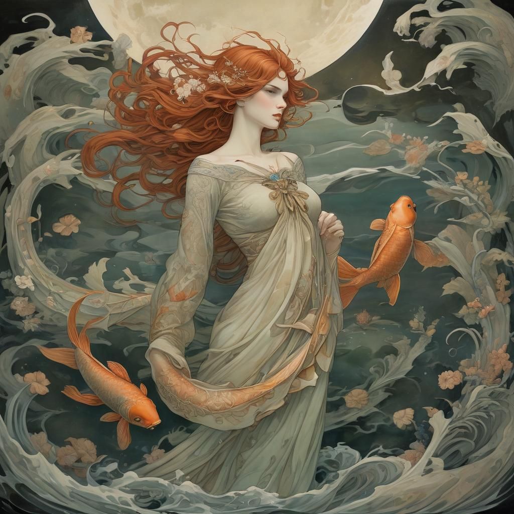 Ethereal Koi in Lunar Waters: Art Nouveau Gouache
