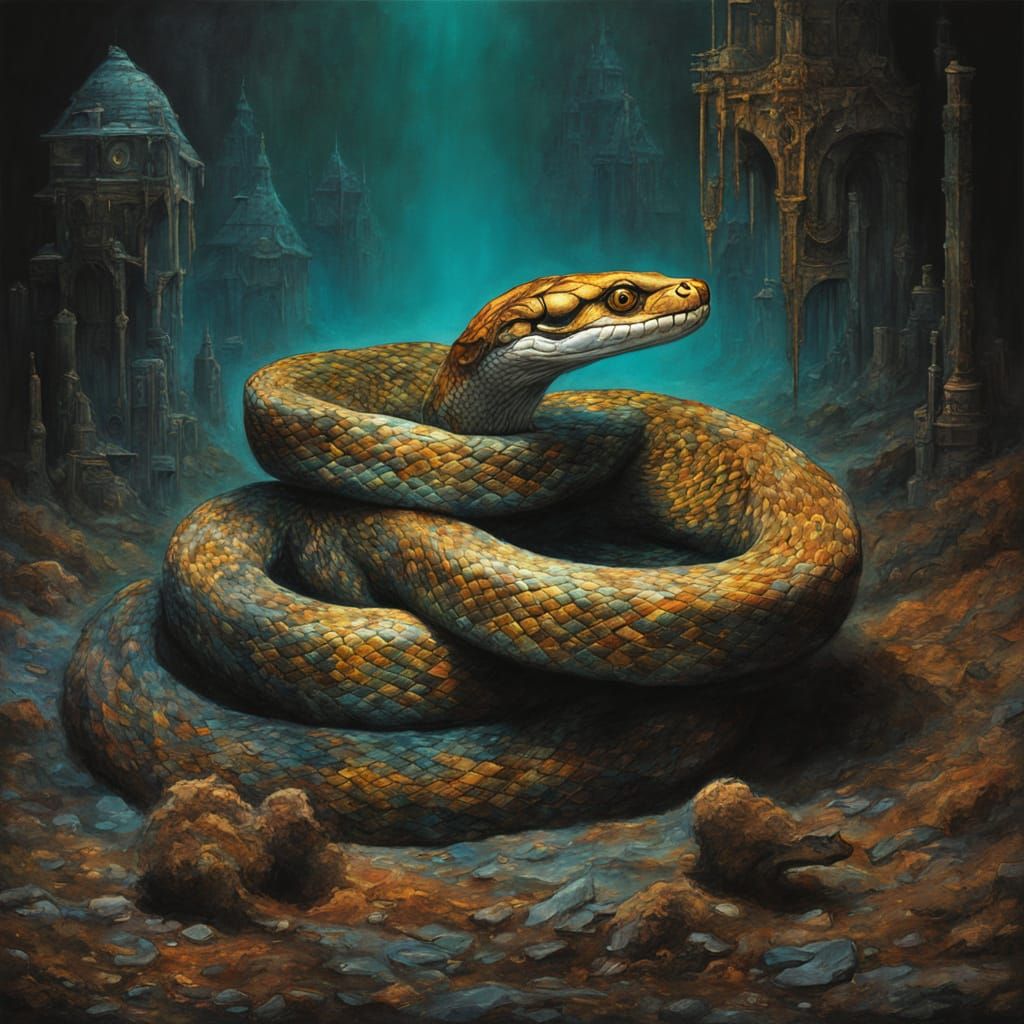 Surreal Serpent, Cheetah, and Queen in Industrial Oil Painti...