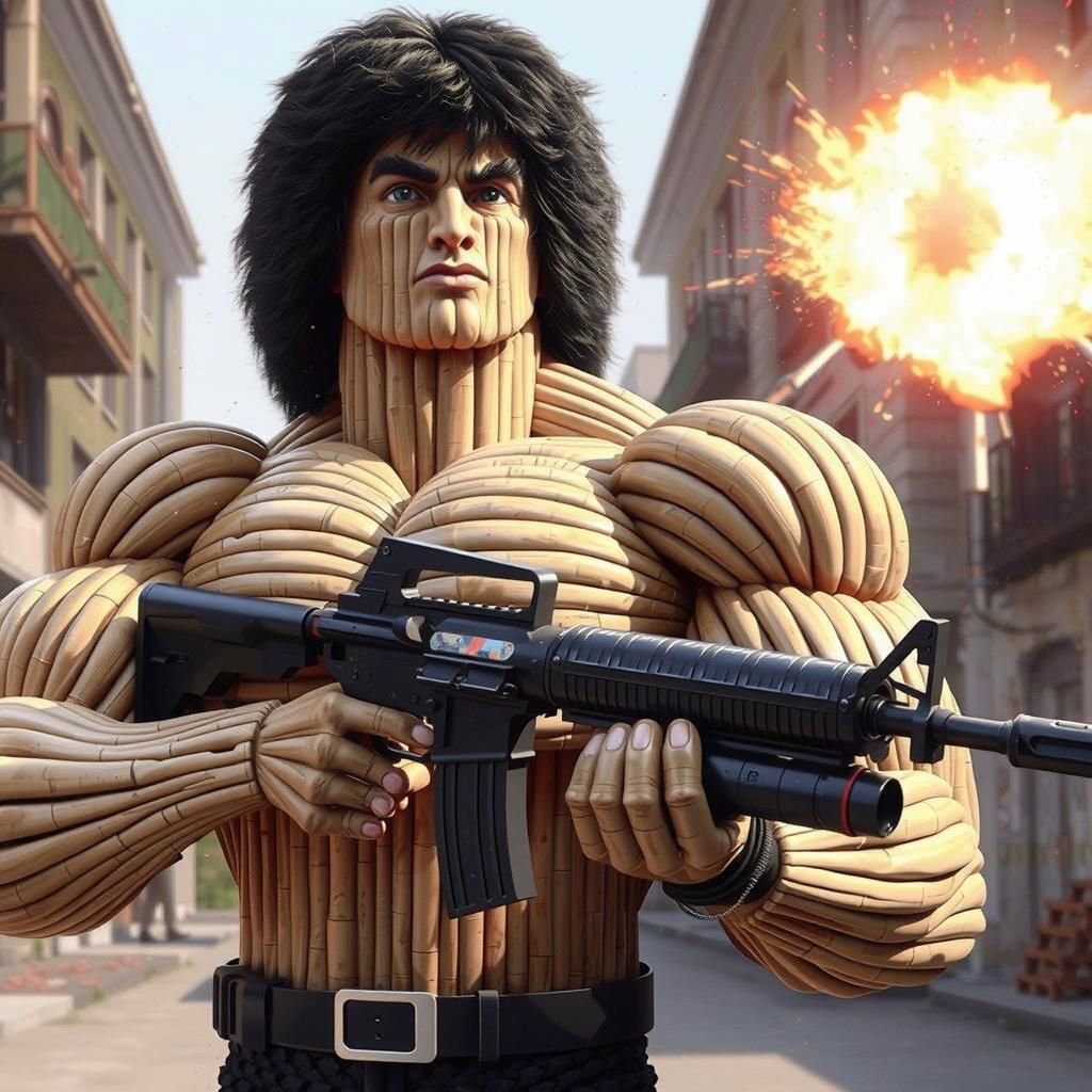 Bamboo Rambo Sculpture with M60, Digital Art