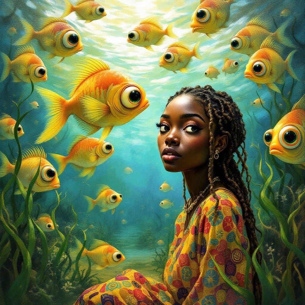 <lora:Abstract Reality:1.0> Black woman surrounded big eyed ...