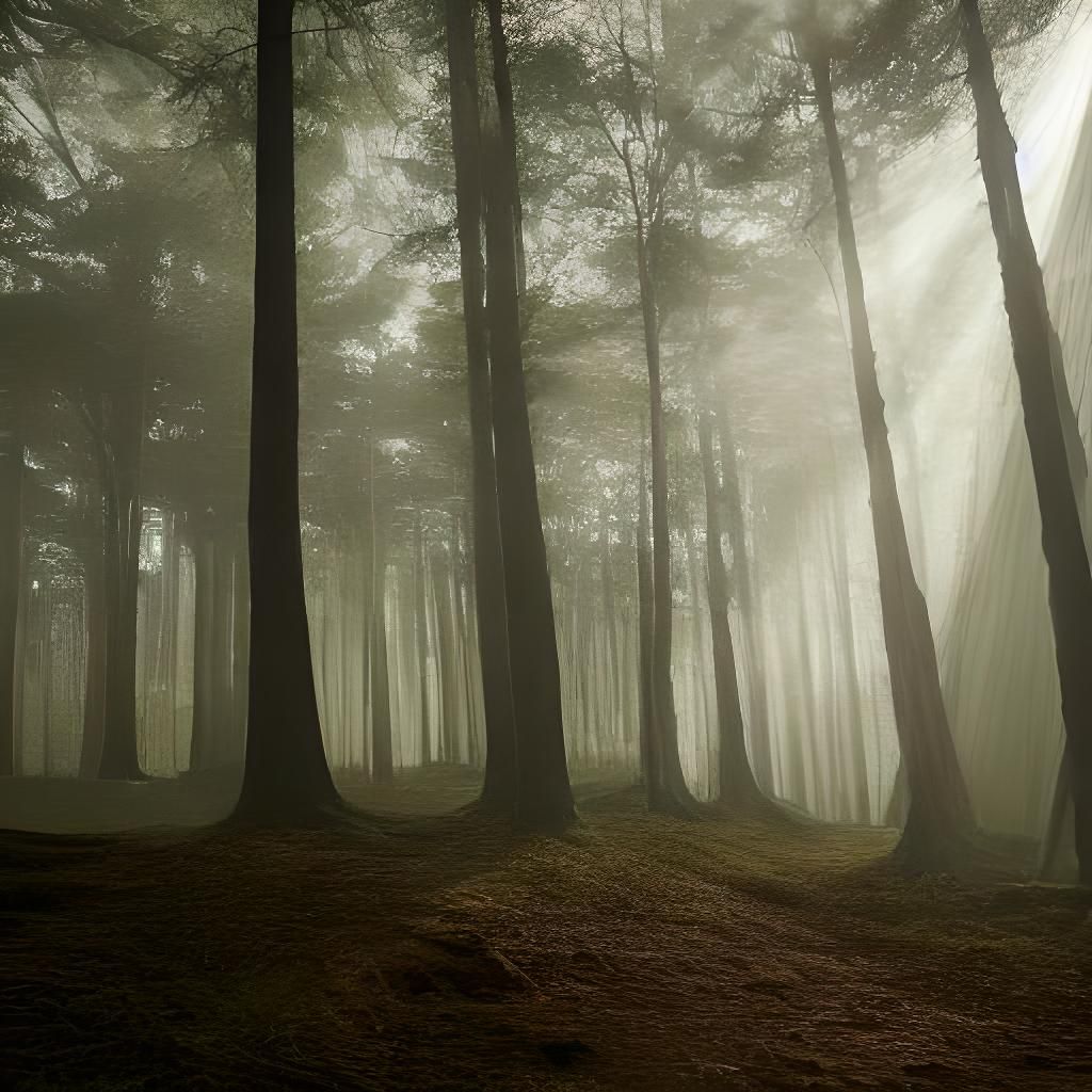 Cinematic Forest Scene with Sunlight and Fog