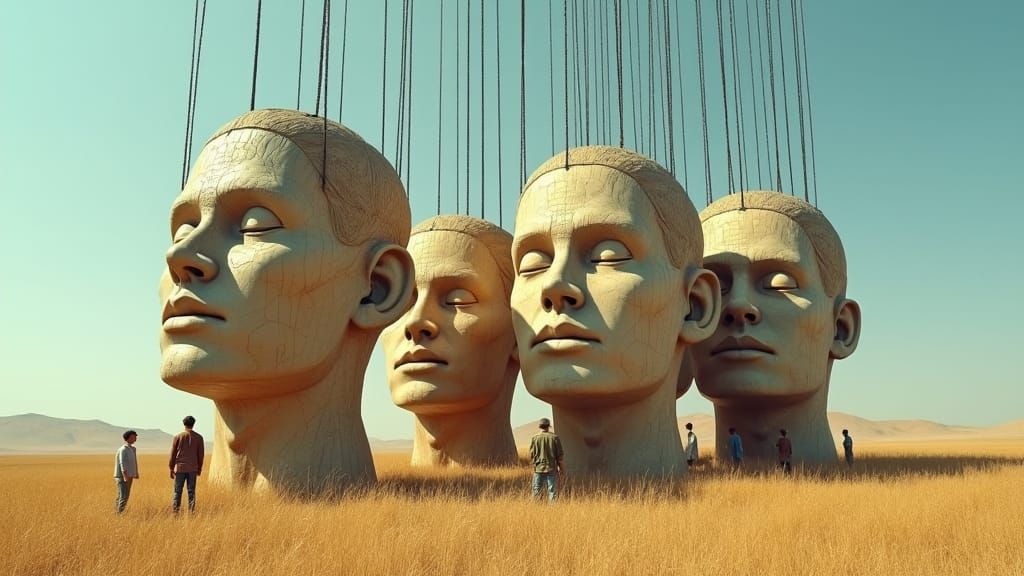 Surreal Wooden Faces Suspended in Golden Landscape