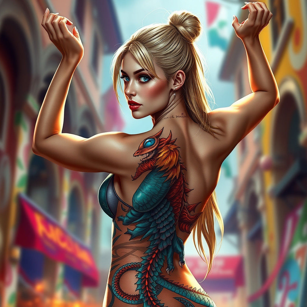Dragon Tattooed Woman in Hyperrealistic Splash Art