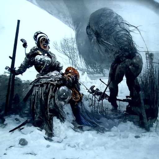 Viking Warrior Fighting Troll in Winter Horror Style