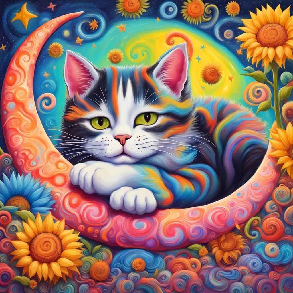 Cute Cat Sleeping on Moon in Surreal Candyland