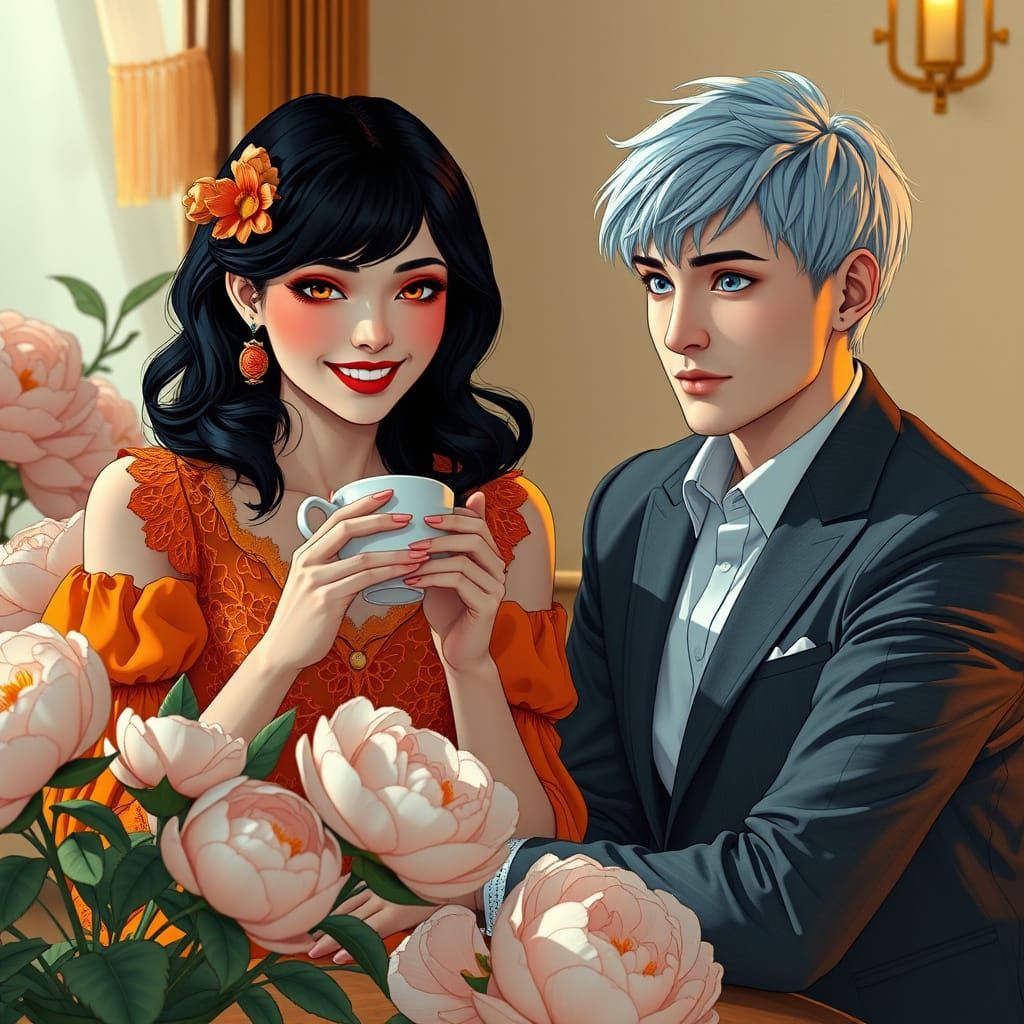 Woman in Orange Dress Sips Tea with Gentle Companion