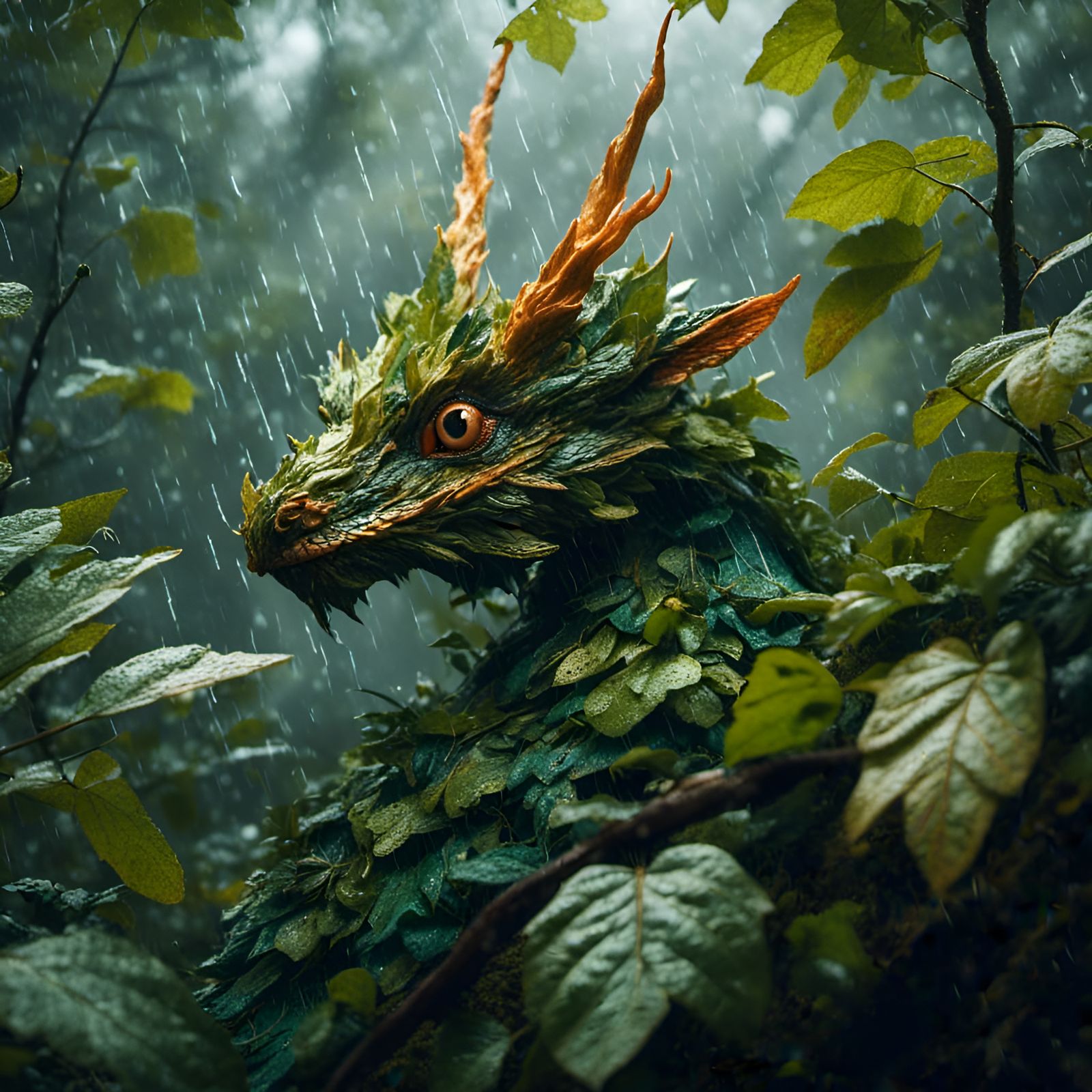 Leafy Forest Dragon in Heavy Rainstorm