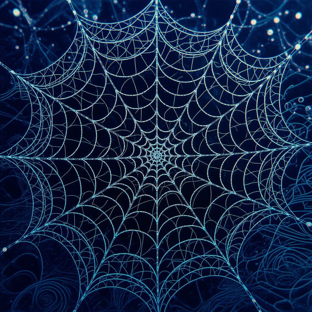 Dew-Laden Spiderweb with Abstract Fractal Design