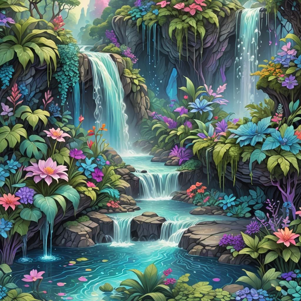 Mystical Waterfall in Lush Fantasy Landscape