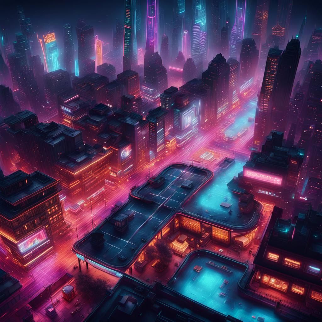 Vibrant Cityscape Concept Art in Retro-Futuristic Style