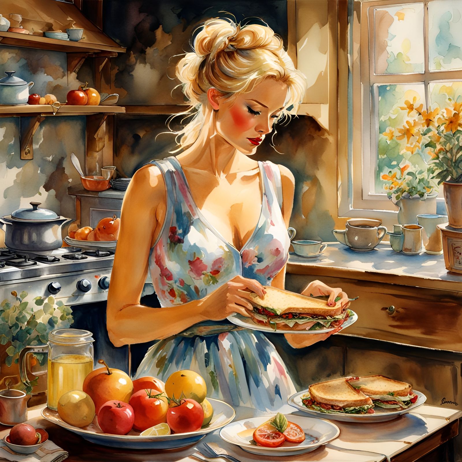 Dagwood Sandwich Held by Woman in Retro Kitchen