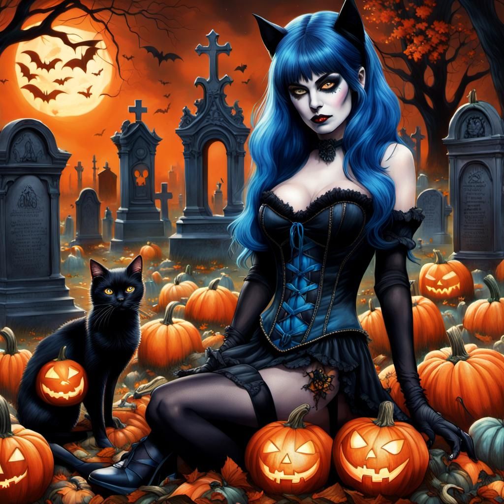 Elvira Crawling in Cemetery with Blue Hair