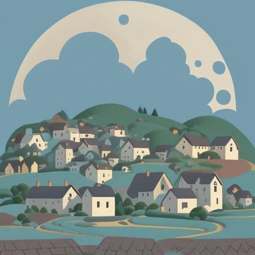 Naive Folk Art Village Under Stylized Moon