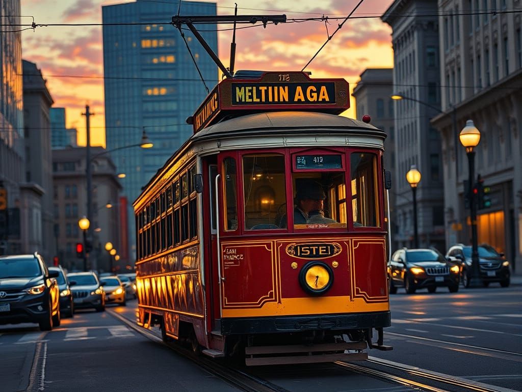 Melting Oil Gouache San Francisco Tram at Sunset