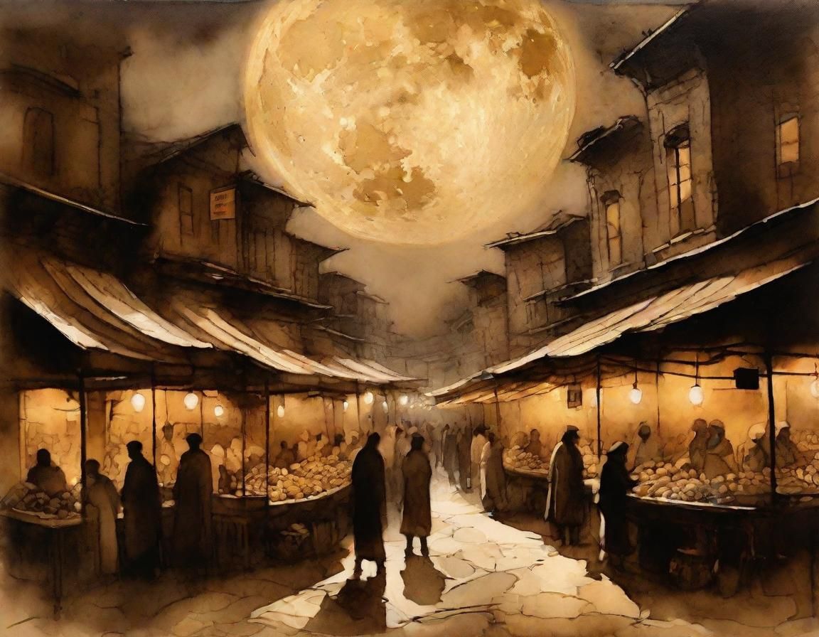 Surreal Moonlit Market in Sepia Ink Wash Style
