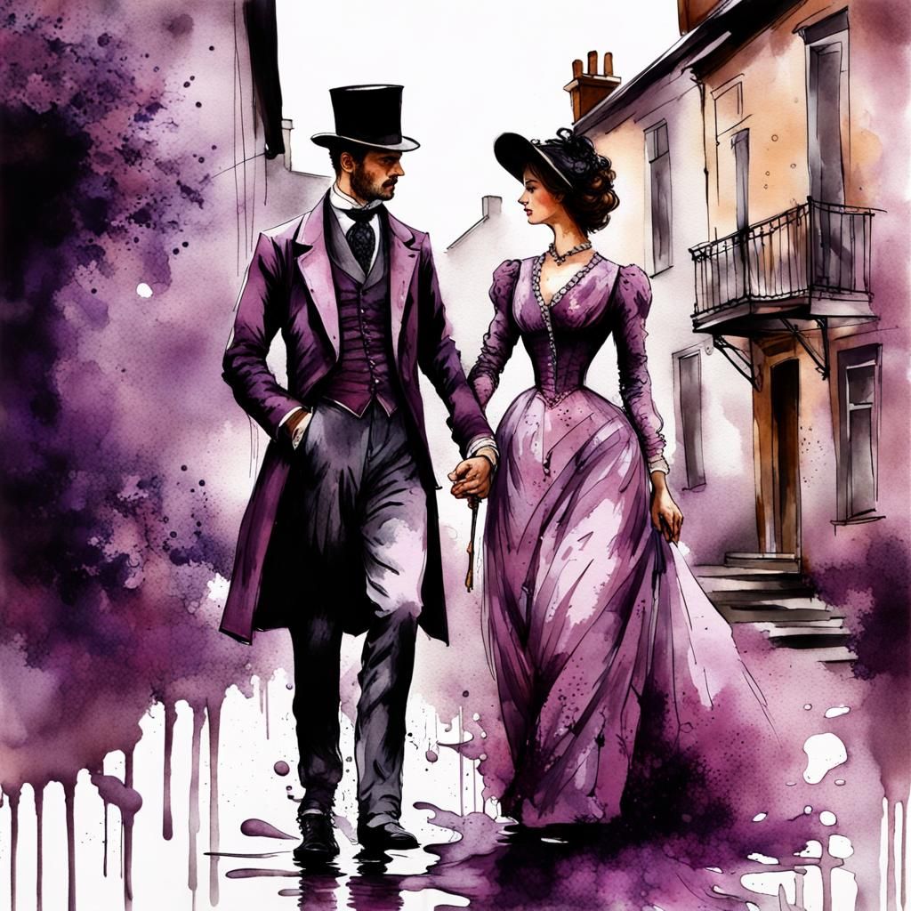Victorian Couple in Ink Splash Art on Village Street