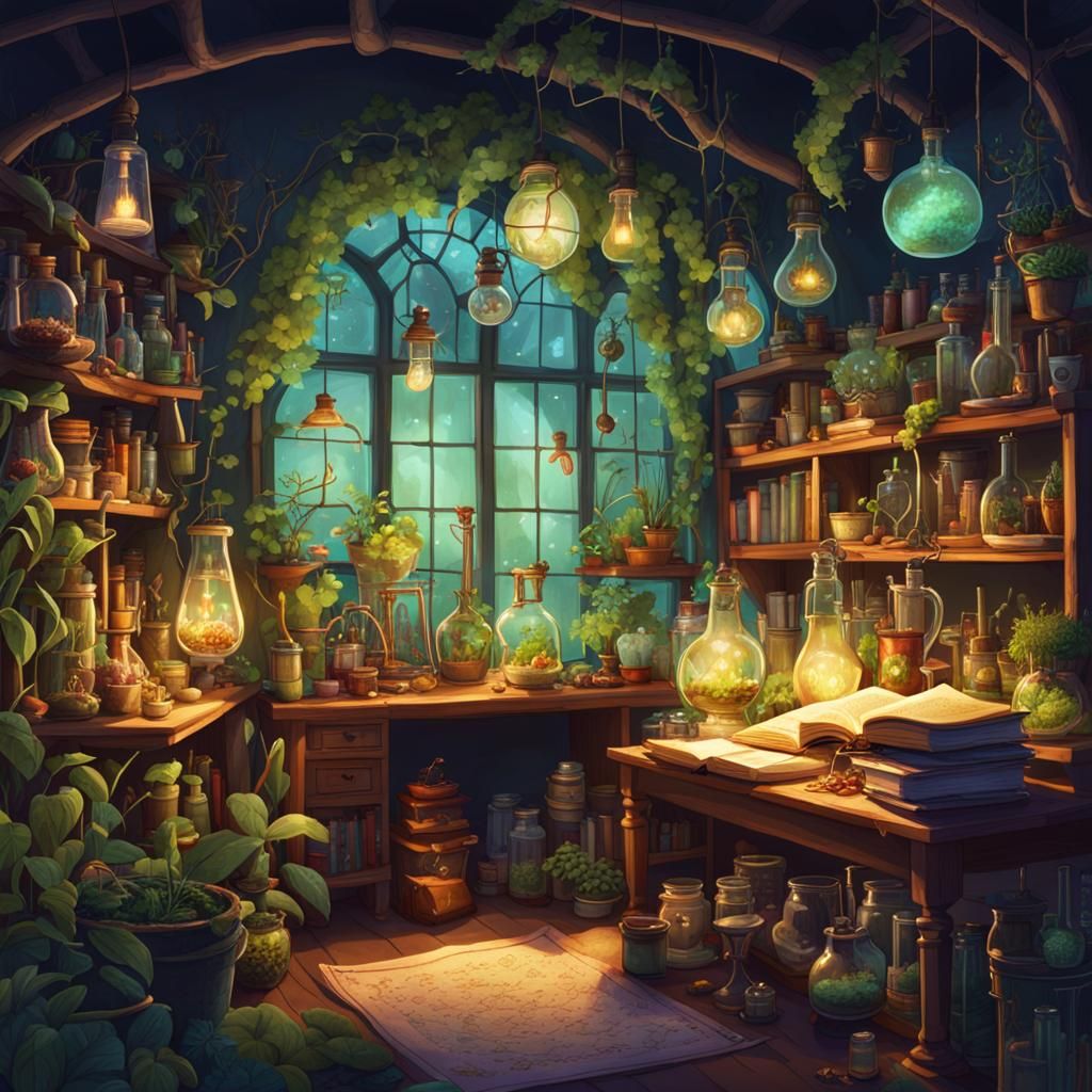 Botanical Magic Lab at Night, Digital Illustration