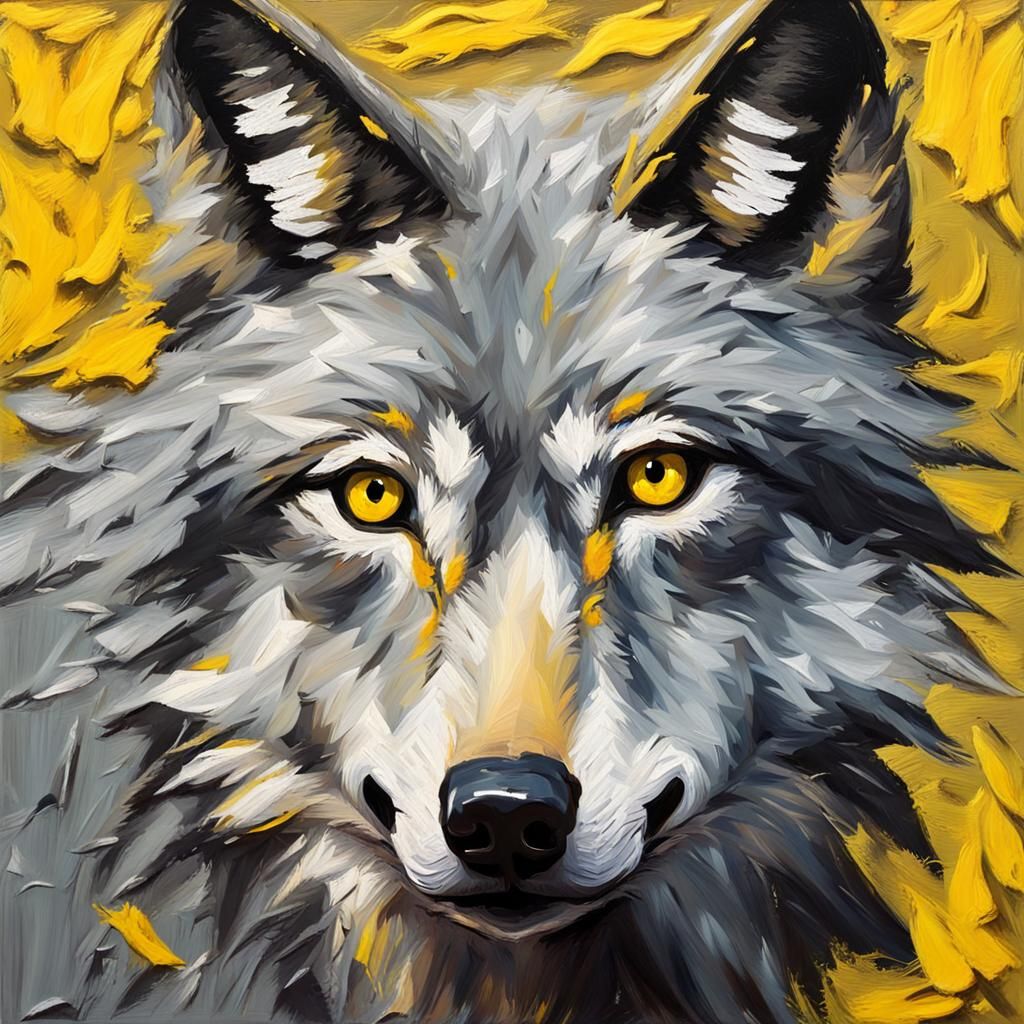 Grey Wolf Impasto Painting with Yellow Eyes