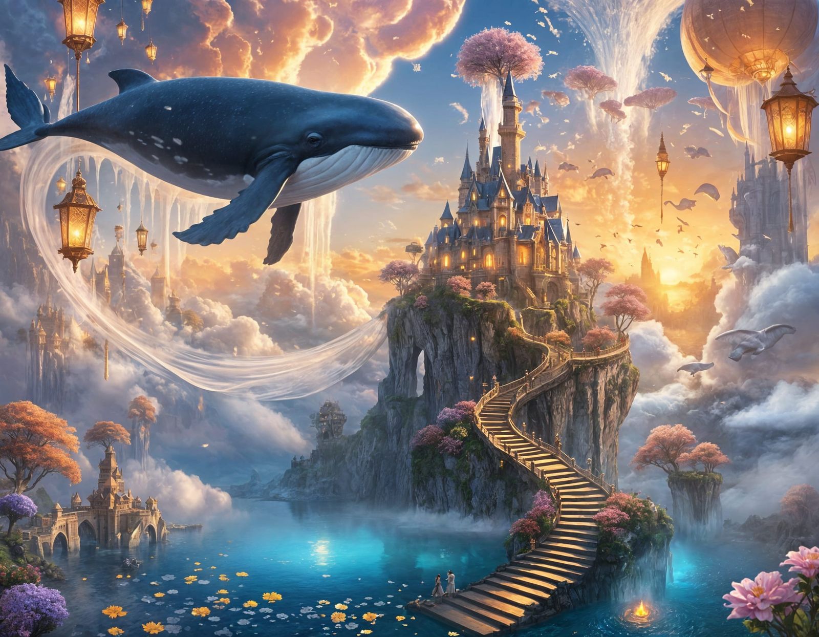Ethereal Cloudspire Citadel Fantasy Castle with Sky-Whales