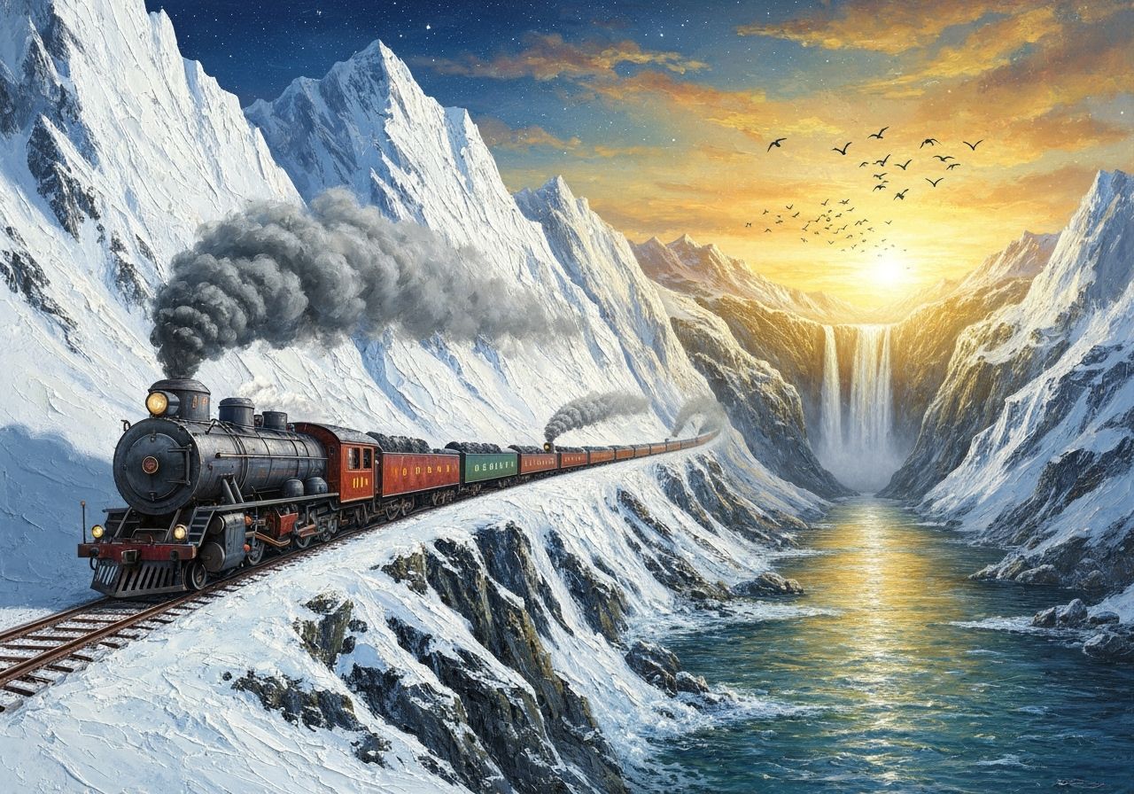 Vibrant Steam Train on Snowy Mountain During Golden Sunset