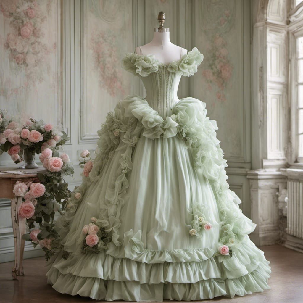 Pale Green Rococo Dress with Roses and Ruffles