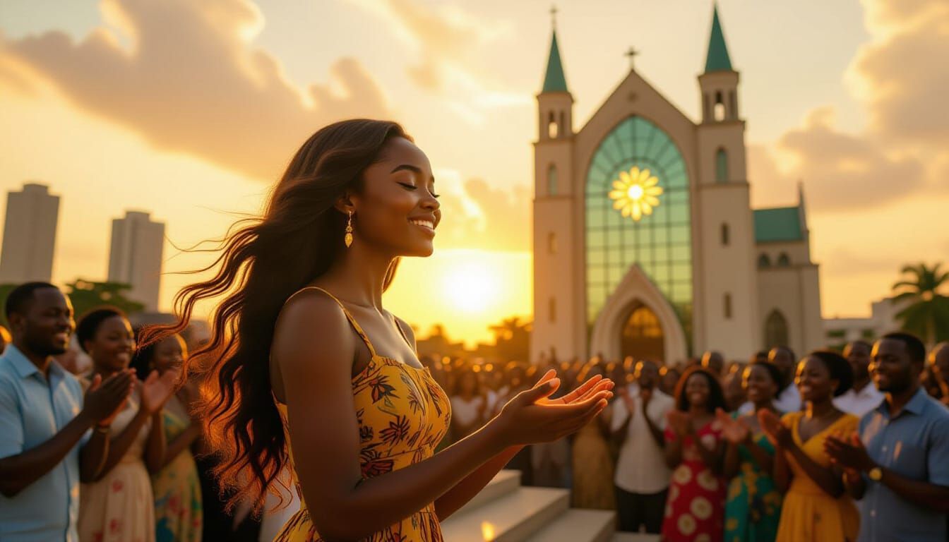 African Girl on Cathedral Steps in Golden Sunrise Glow