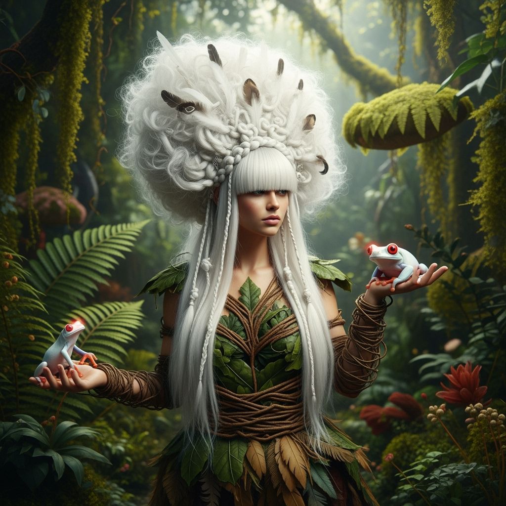 Ethereal Jungle Woman with Feathered Hair and White Frog