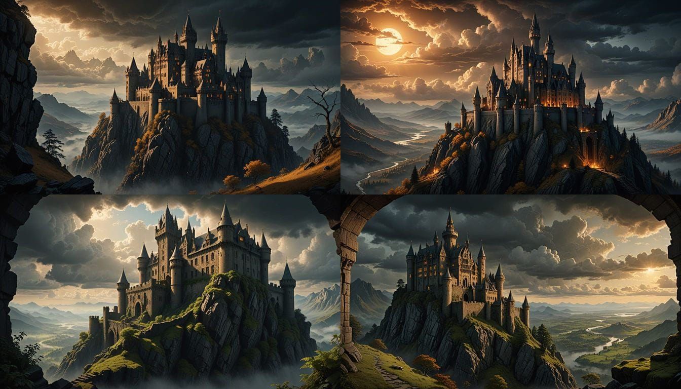 Ancient Castle Perched on Mountain Peak Amidst Clouds