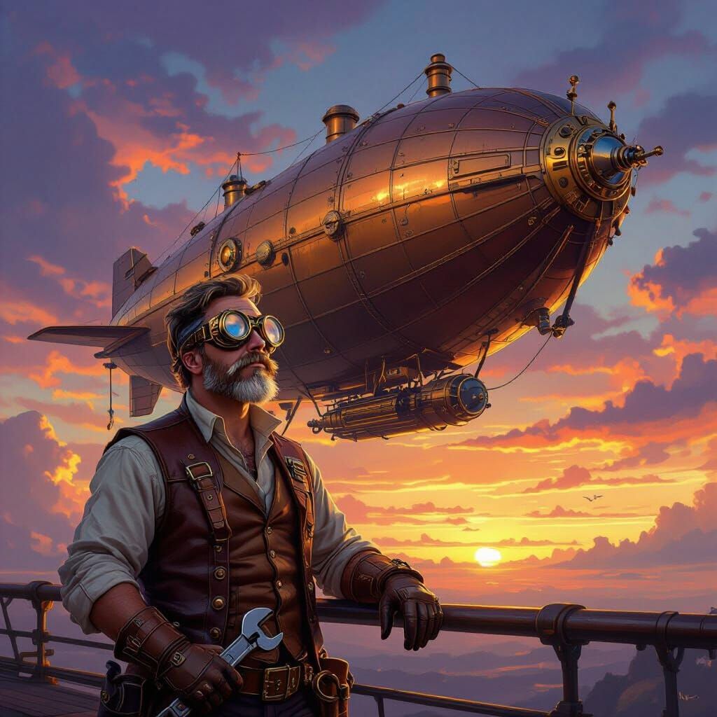 Steampunk Engineer With Airship at Sunset
