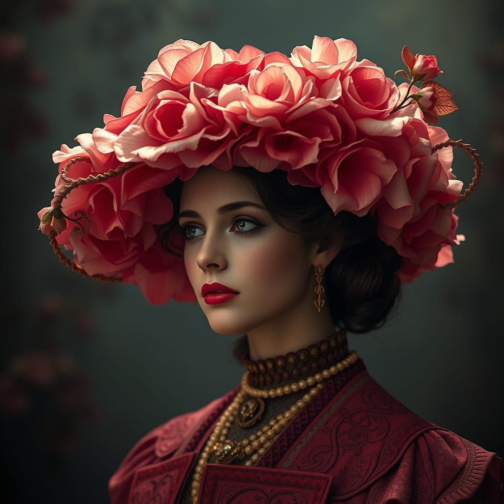 Victorian Woman with Rose Petal Sun Hat