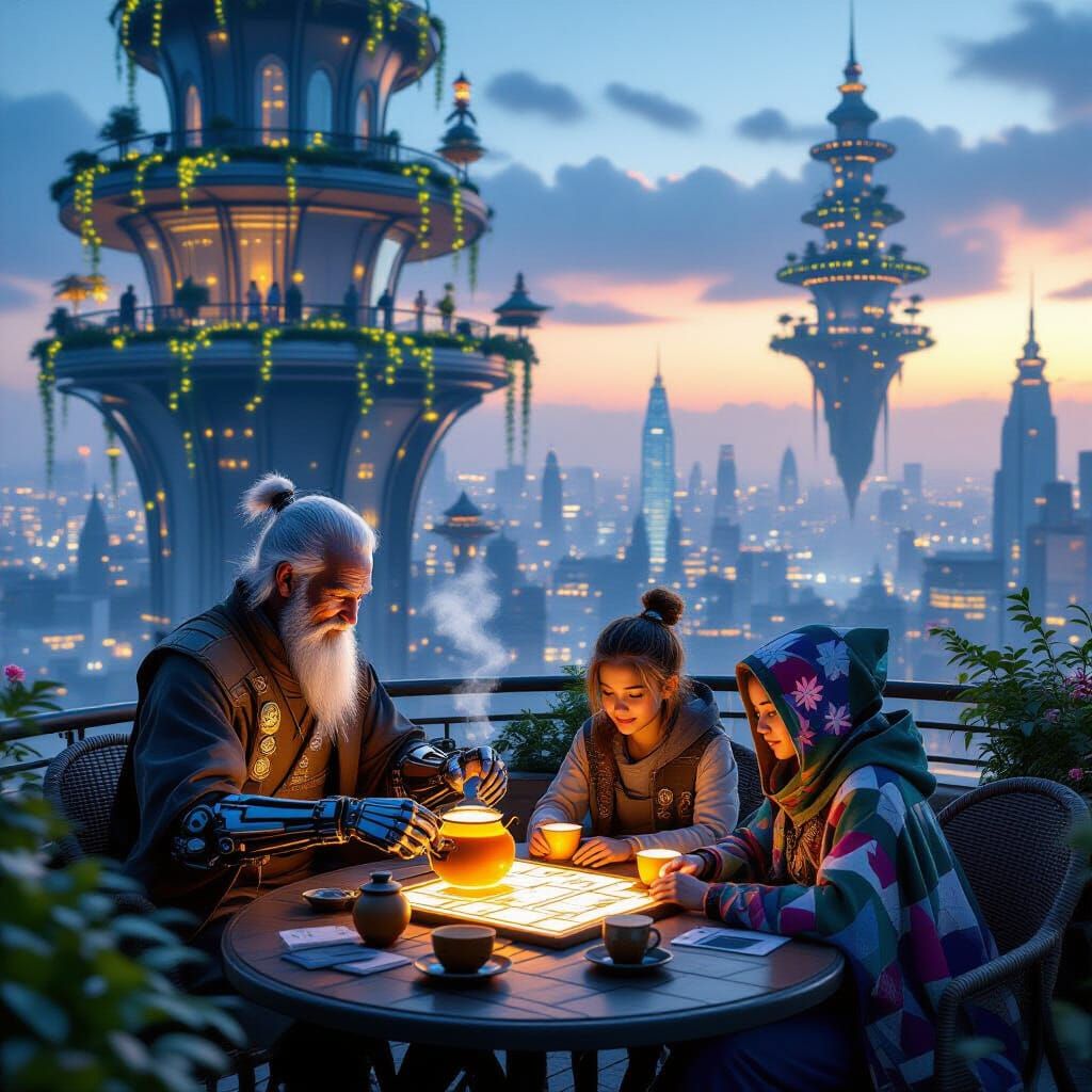 Floating City Rooftop Tea Garden with Cyberpunk Elder