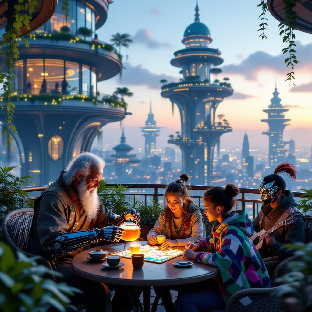 Floating City Tea Garden with Cyberpunk Marquis