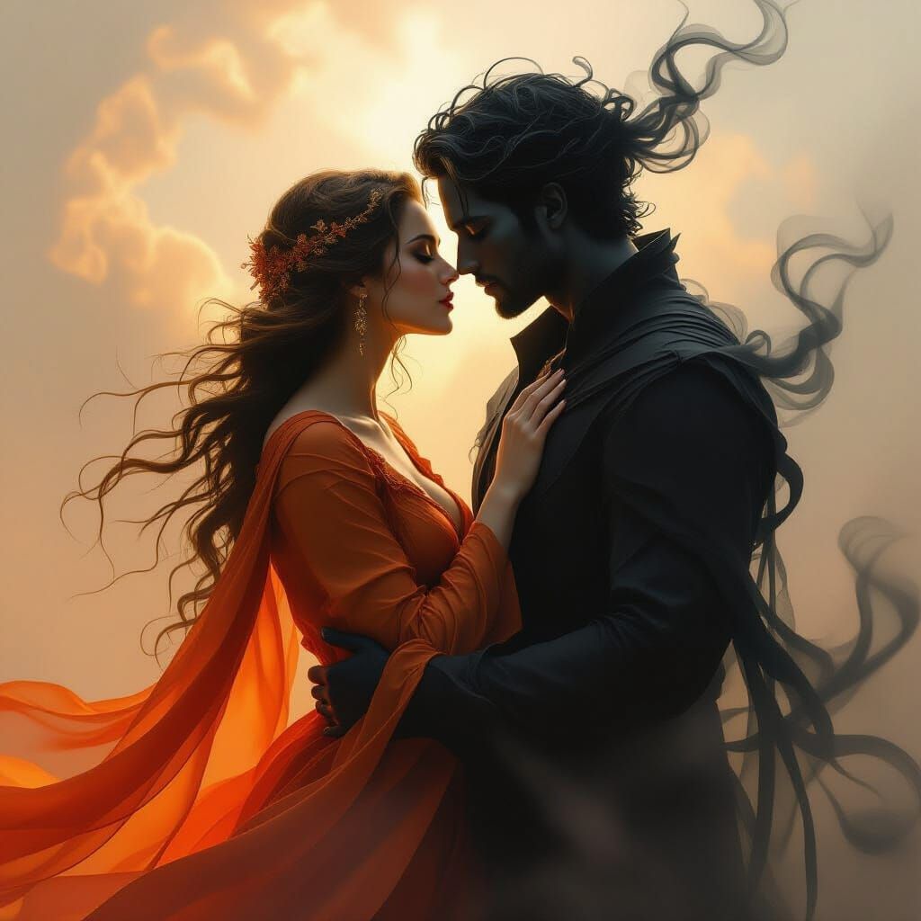 Fiery Shadows Kiss in Ethereal Dreamscape