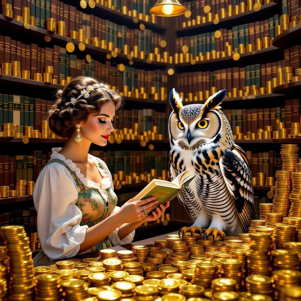 Woman Checks Out Book from Gold Coin Library with Owl Librar...