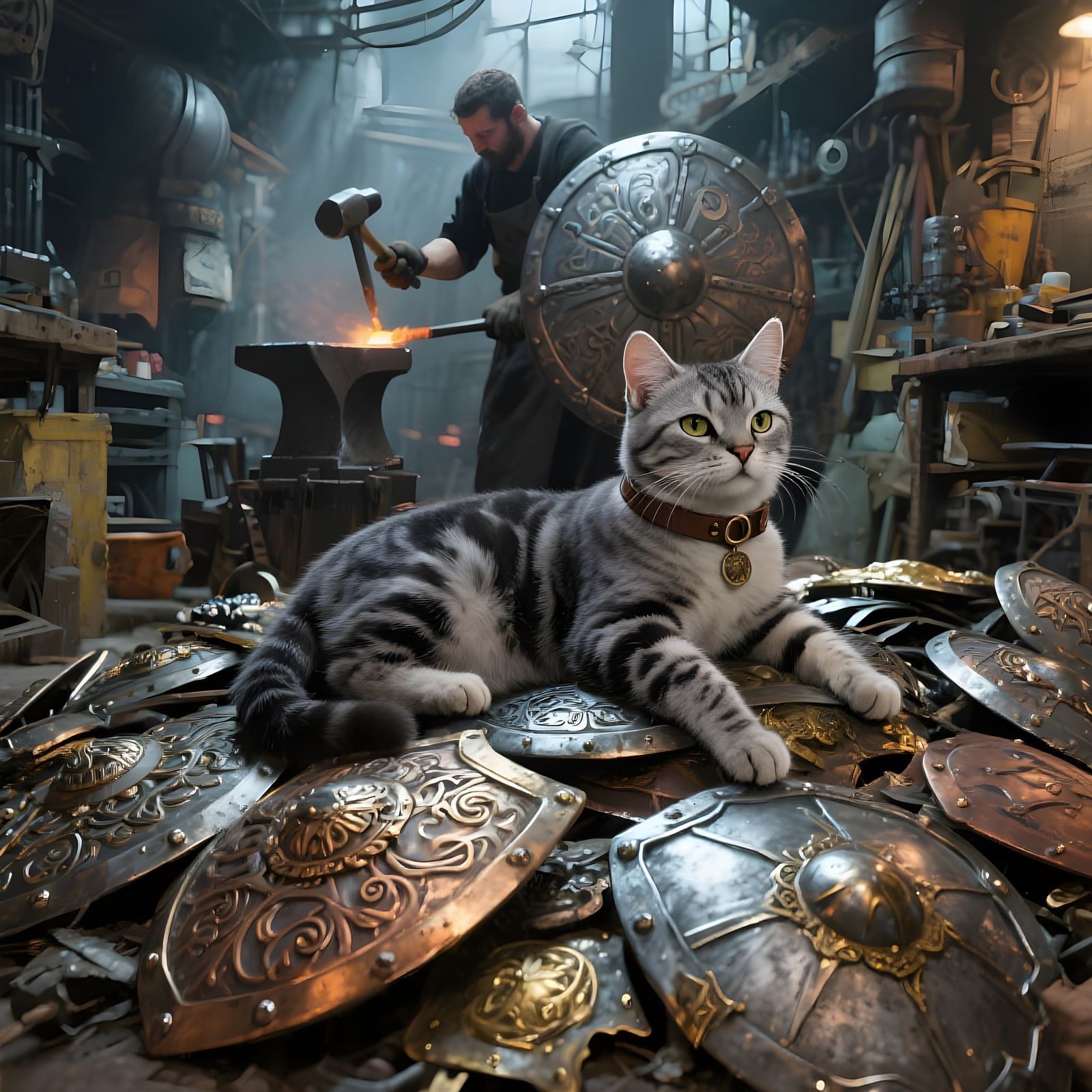 Cat Napping on Stack of Ornate Shields