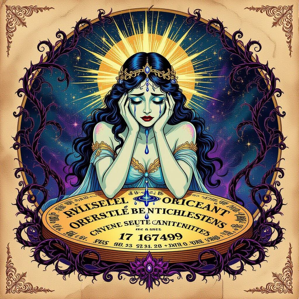Celestial Goddess Weeping on Ouija Board Illustration
