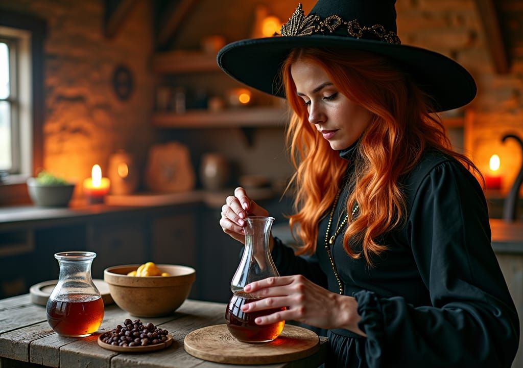 Medieval Redhead Witch Brewing Potion