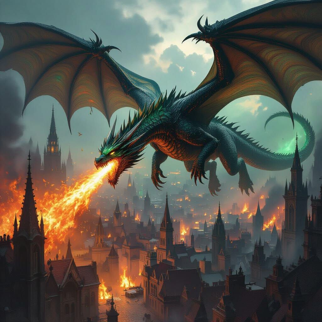 Gothic Metropolis Engulfed by Fiery Dragon