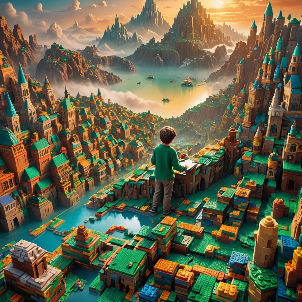 Boy Builds Lego City in Dreamlike Landscape