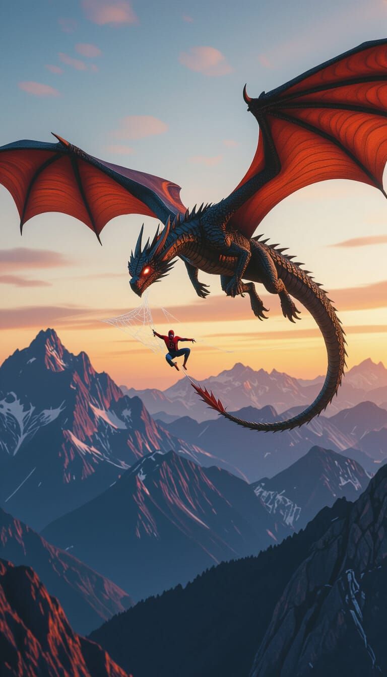 Dragon and Spiderman Chase at Twilight: Hyperrealistic Art