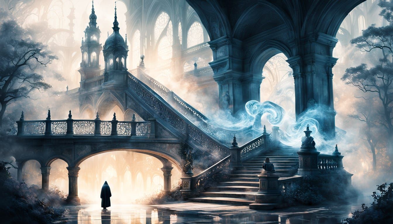 Ethereal Farewell: Cloaked Figure in Dreamscape