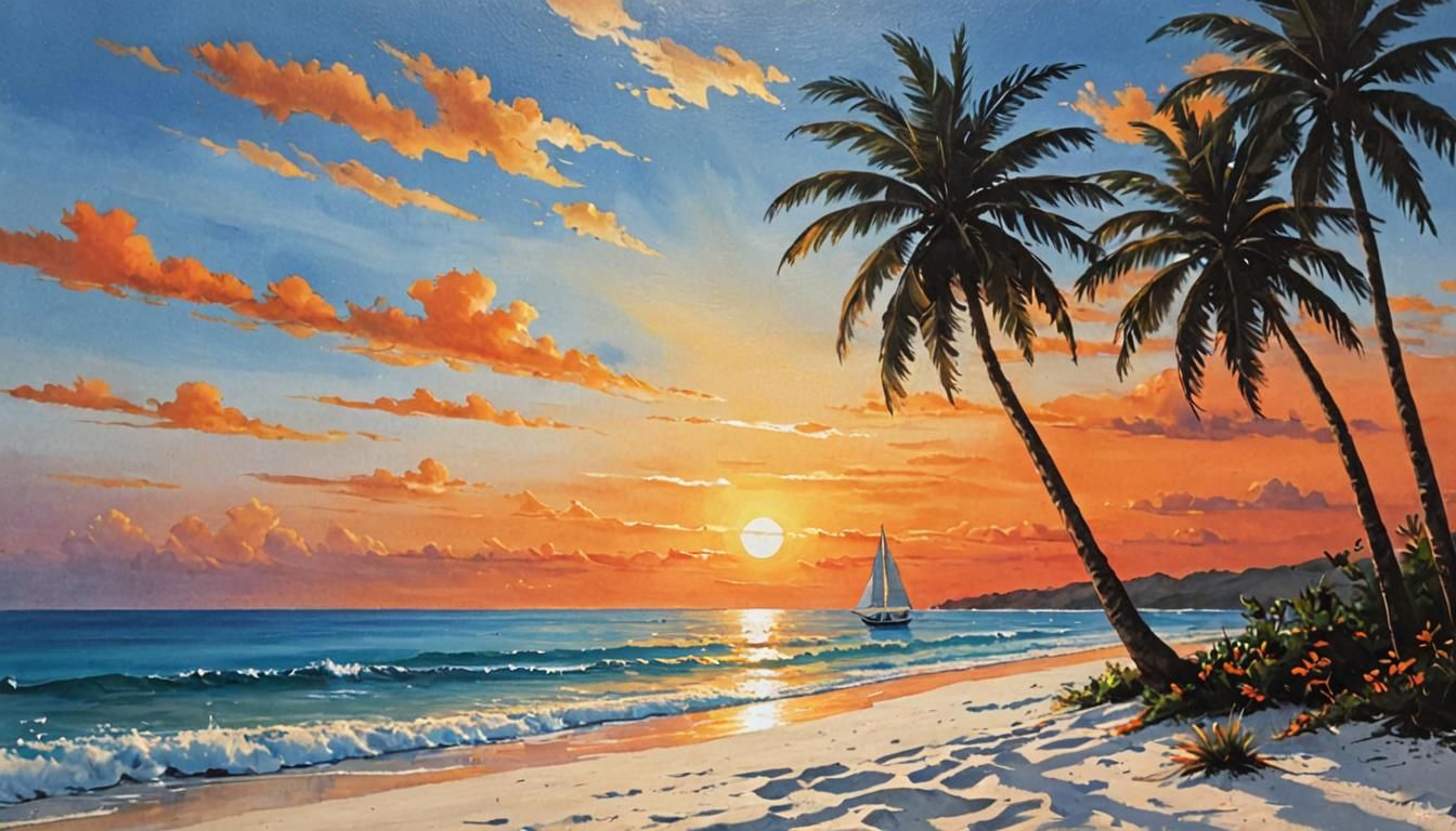 Tropical Beach Sunset in Acrylic Painting Style