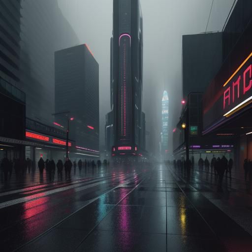 Futuristic Cityscape in Rain, Sci-Fi Illustration