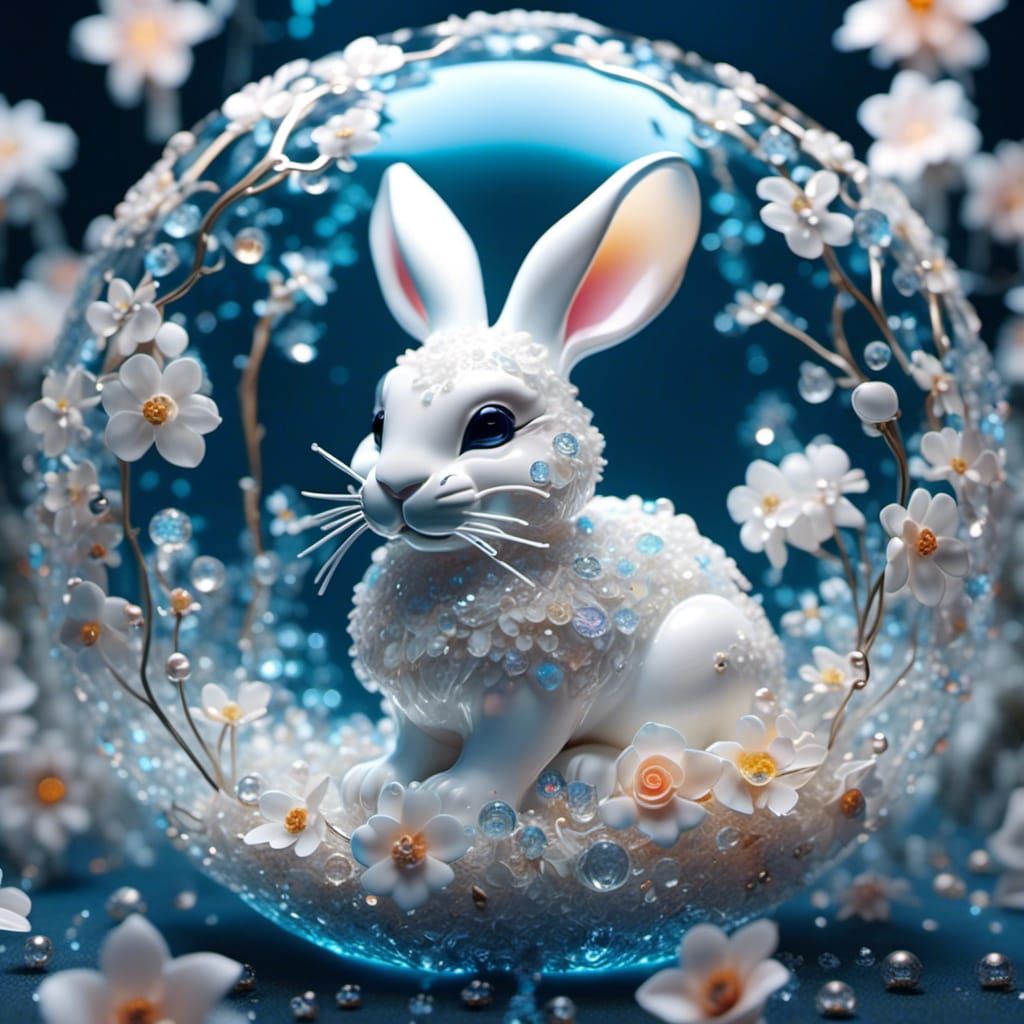 Glass Orb: White Rabbit in Bioluminescent Garden